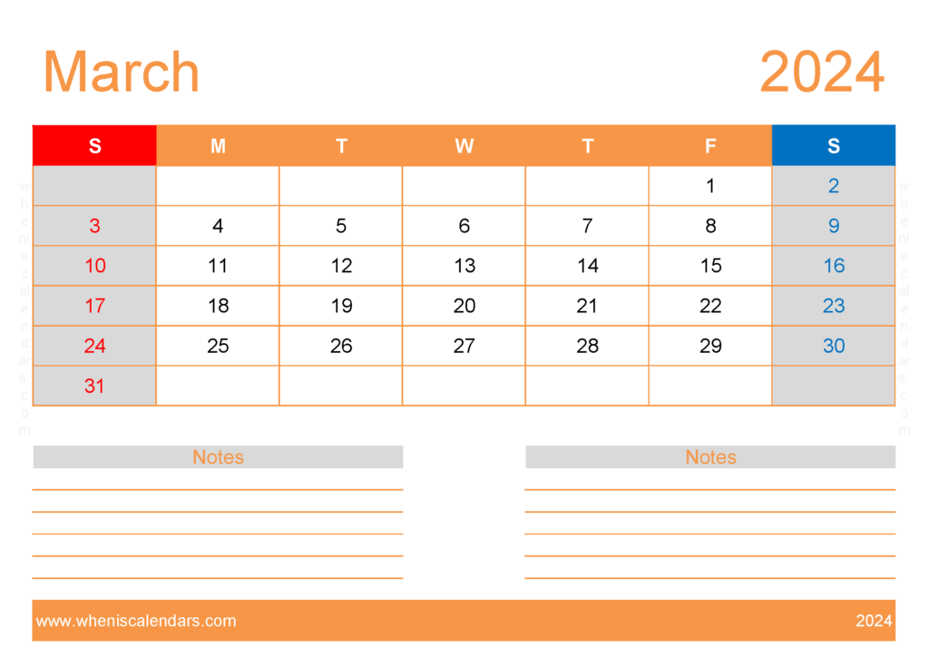 Download March 2024 Blank Calendar Template A4 Horizontal 34214
