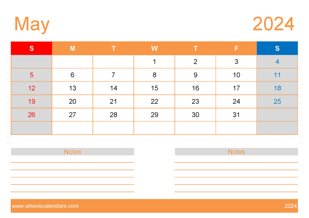 Download May 2024 Blank Calendar Template A4 Horizontal 54214