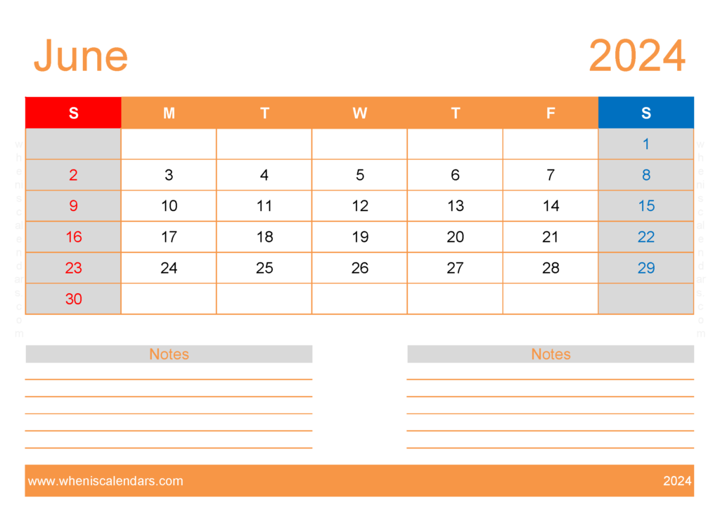 Download June 2024 Blank Calendar Template A4 Horizontal 64214