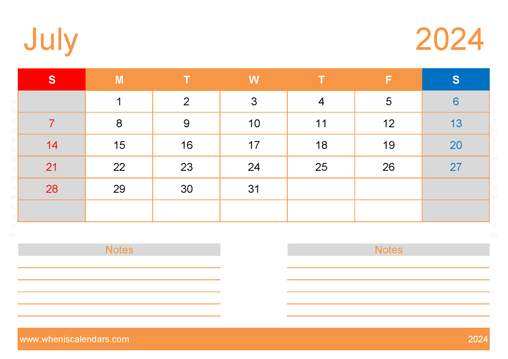 Download July 2024 Blank Calendar Template A4 Horizontal 74214