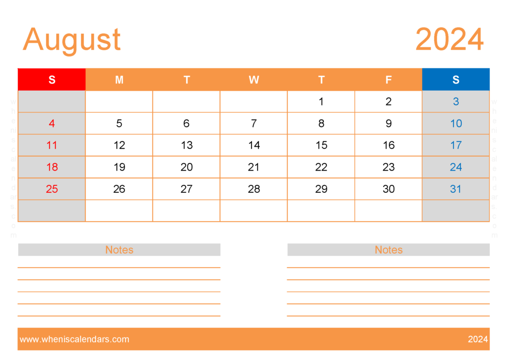 Download August 2024 Blank Calendar Template A4 Horizontal 84214