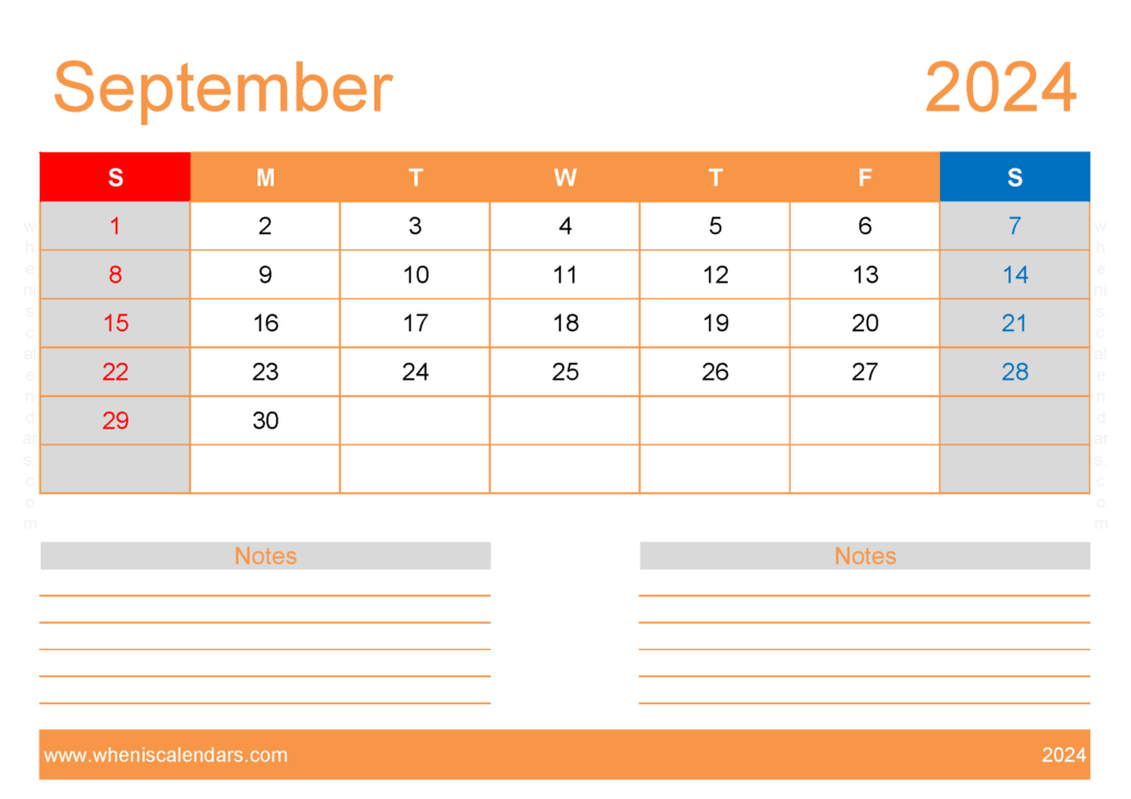 Download September 2024 Blank Calendar Template A4 Horizontal 94214