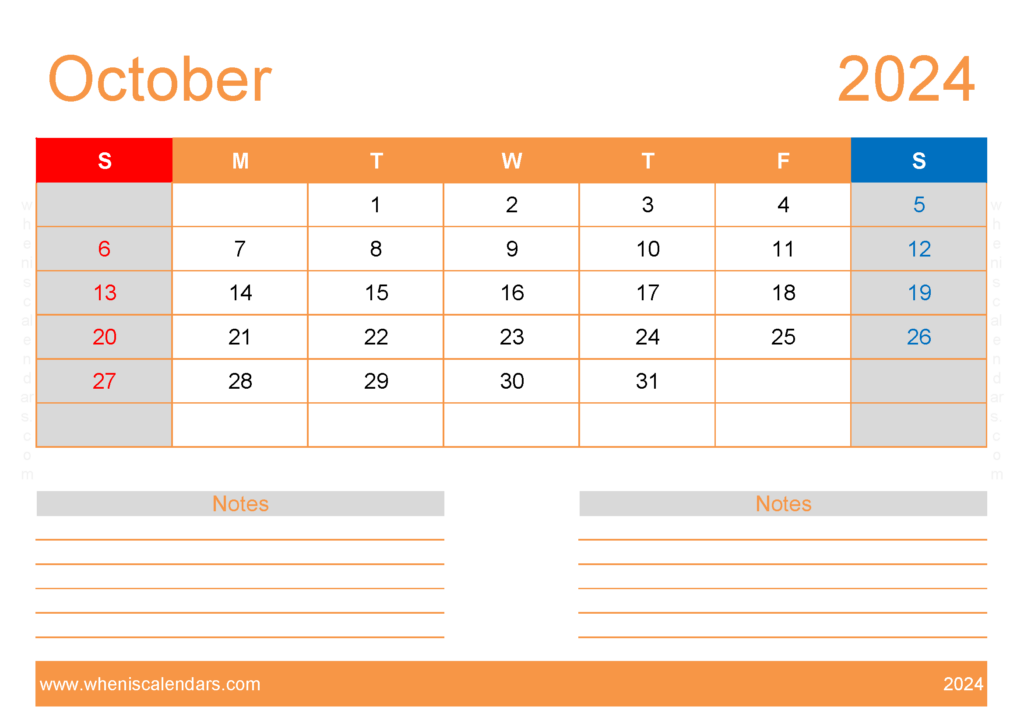 Download October 2024 Blank Calendar Template A4 Horizontal 104214