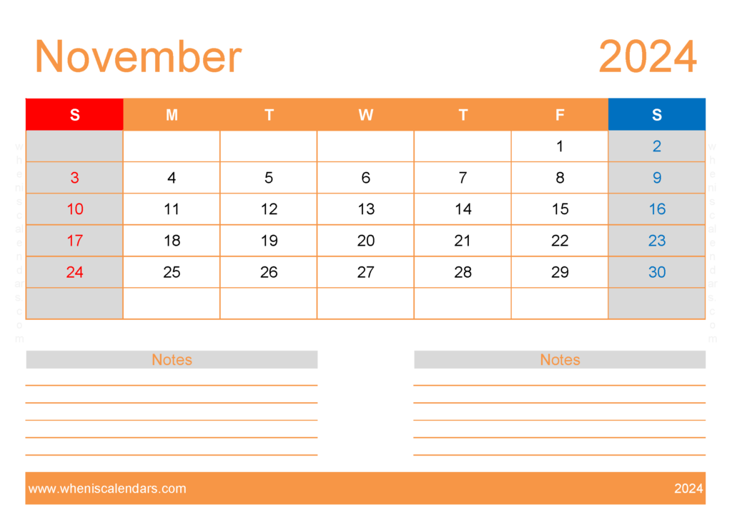 Download November 2024 Blank Calendar Template A4 Horizontal 114214
