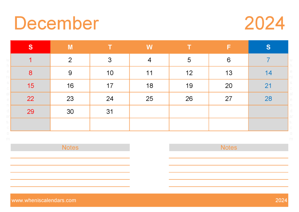 Download December 2024 Blank Calendar Template A4 Horizontal 124214