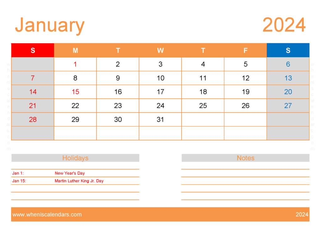 Download Free Printable Calendars January 2024 A4 Horizontal J4134