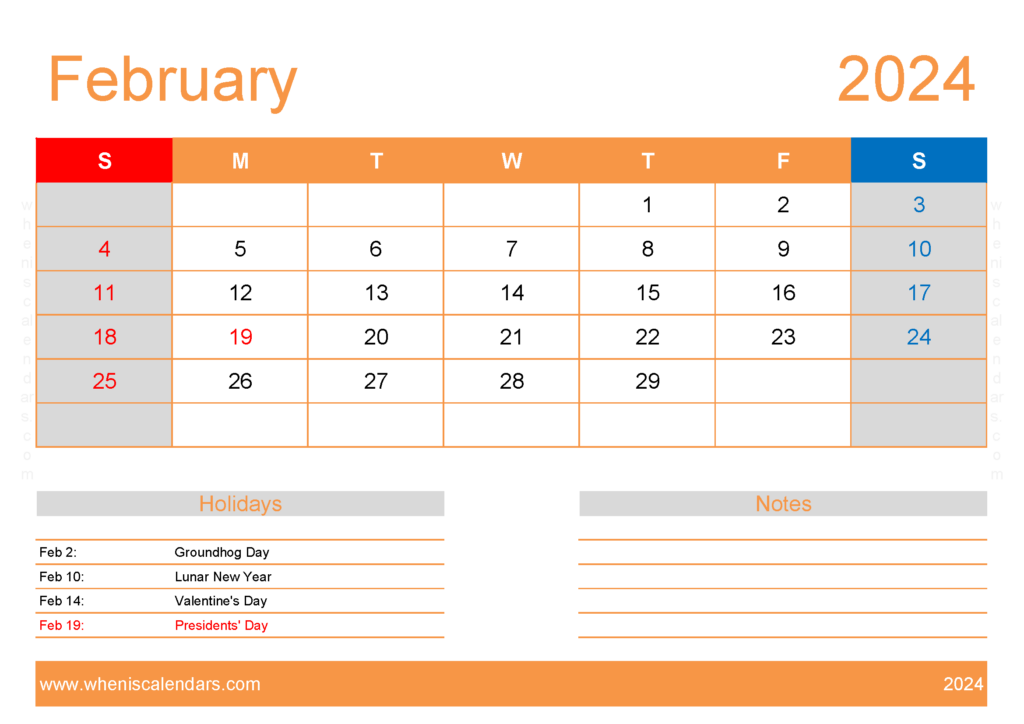 Download Free Printable Calendars February 2024 A4 Horizontal 24134
