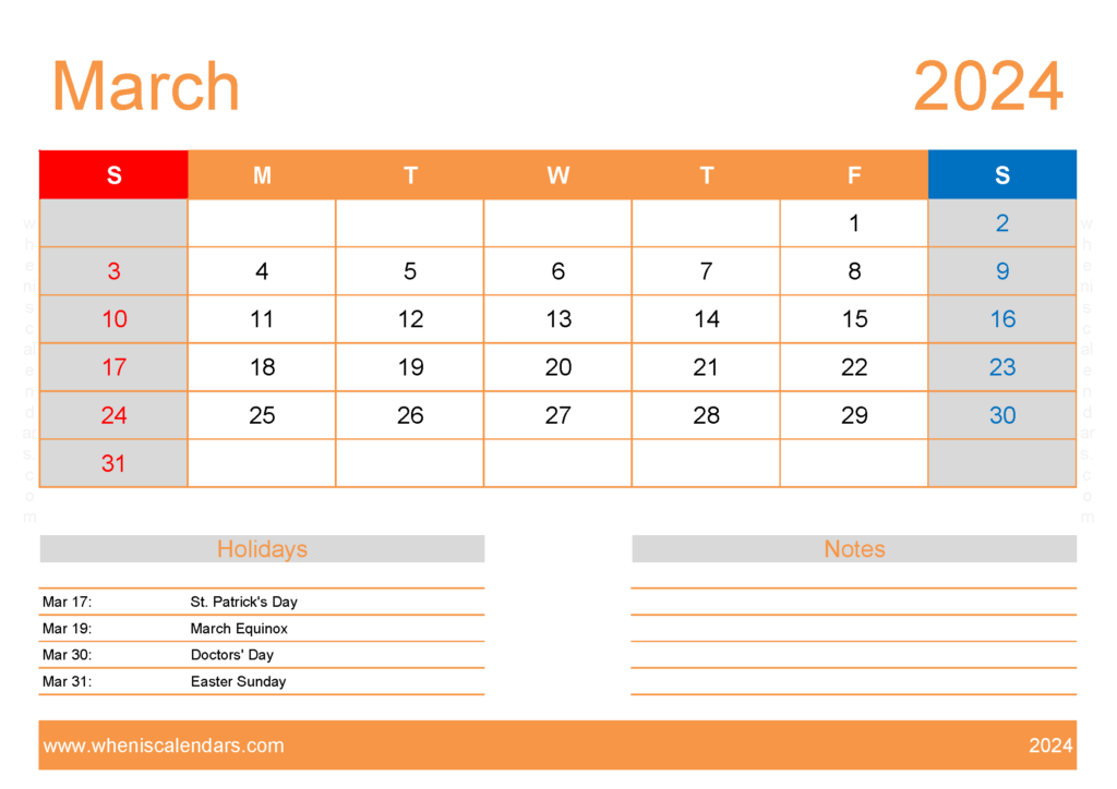 Download Free Printable Calendars March 2024 A4 Horizontal 34134