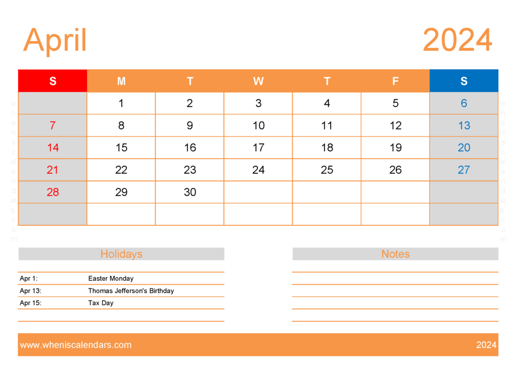 Download Free Printable Calendars April 2024 A4 Horizontal 44134