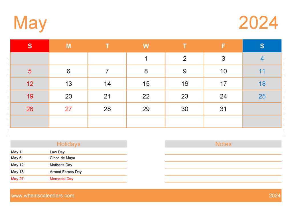 Download Free Printable Calendars May 2024 A4 Horizontal 54134