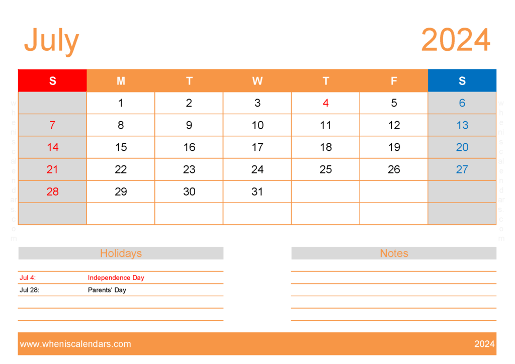 Download Free Printable Calendars July 2024 A4 Horizontal 74134