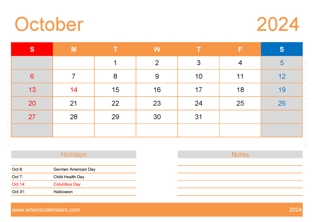 Download Free Printable Calendars October 2024 A4 Horizontal 104134