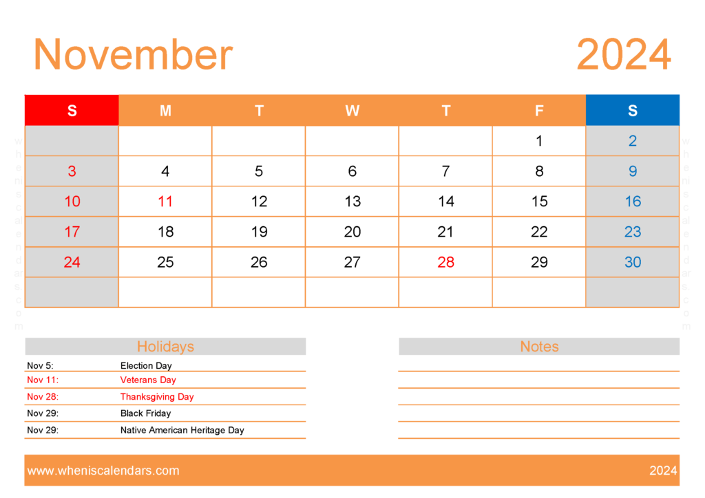Download Free Printable Calendars November 2024 A4 Horizontal 114134