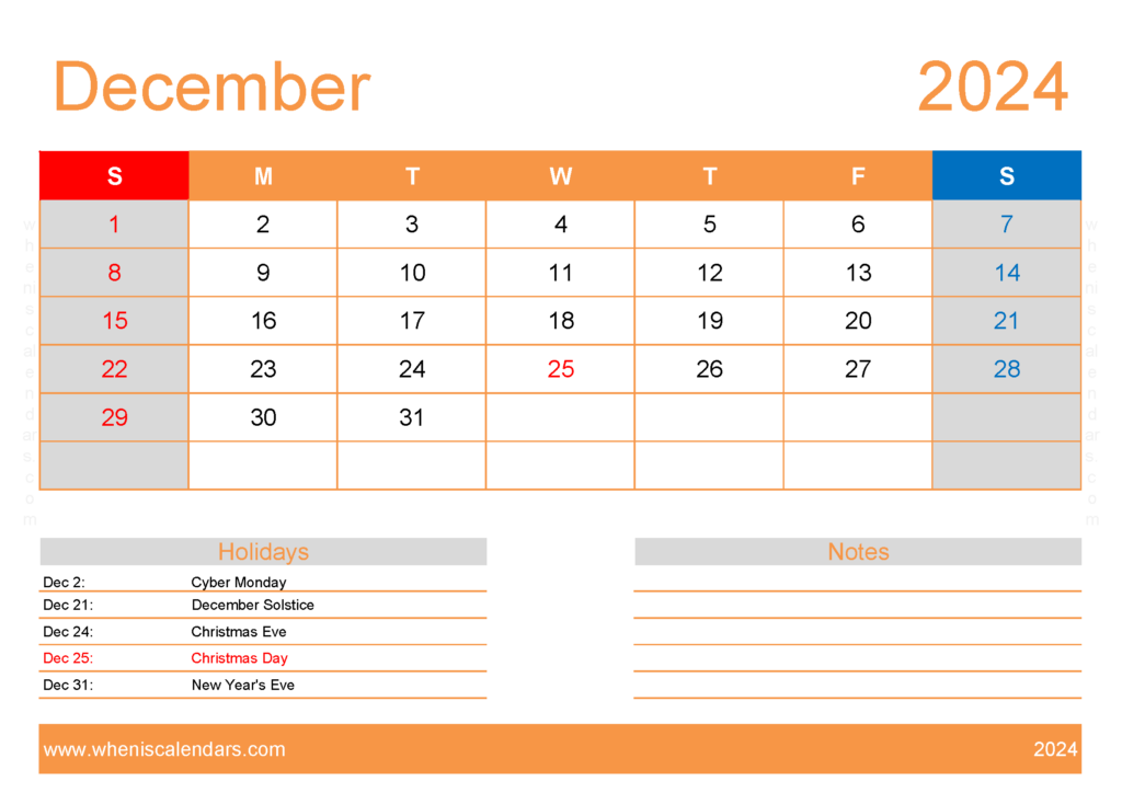 Download Free Printable Calendars December 2024 A4 Horizontal 124134