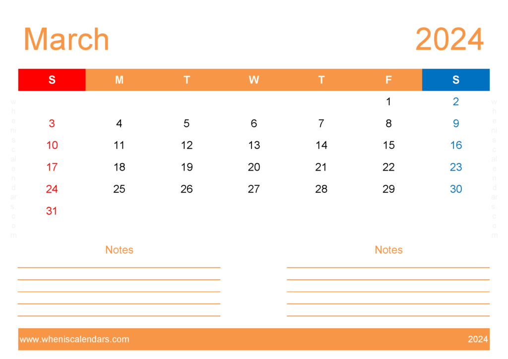 Download March 2024 Calendar editable Free A4 Horizontal 34215