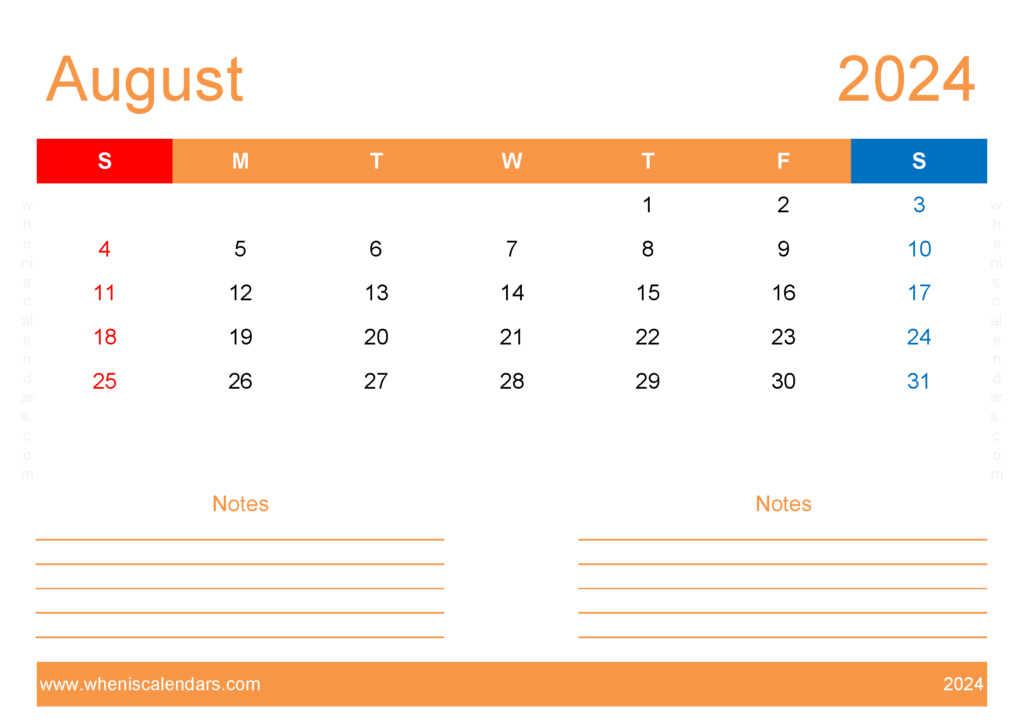 Download August 2024 Calendar editable Free A4 Horizontal 84215