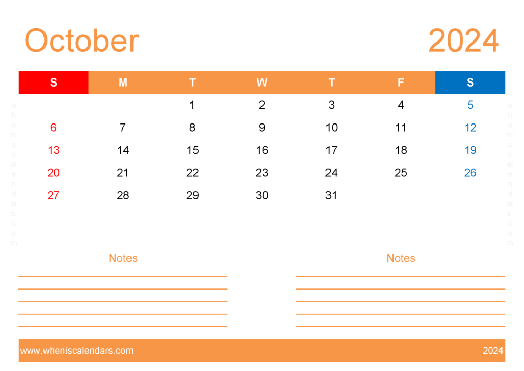 Download October 2024 Calendar editable Free A4 Horizontal 104215
