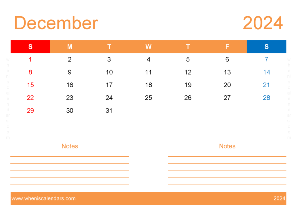 Download December 2024 Calendar editable Free A4 Horizontal 124215