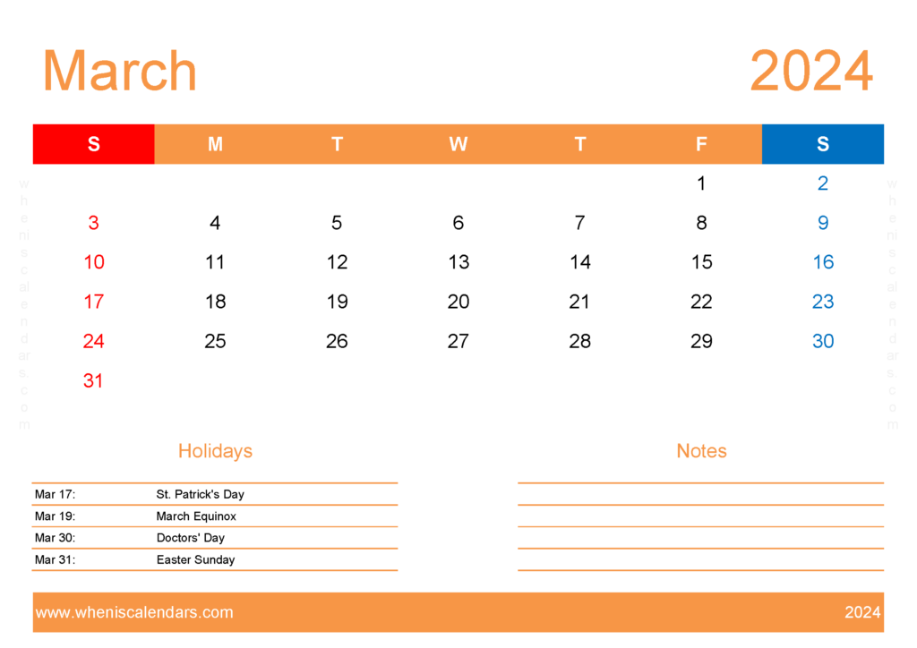 Download 2024 Printable Calendar March A4 Horizontal 34135