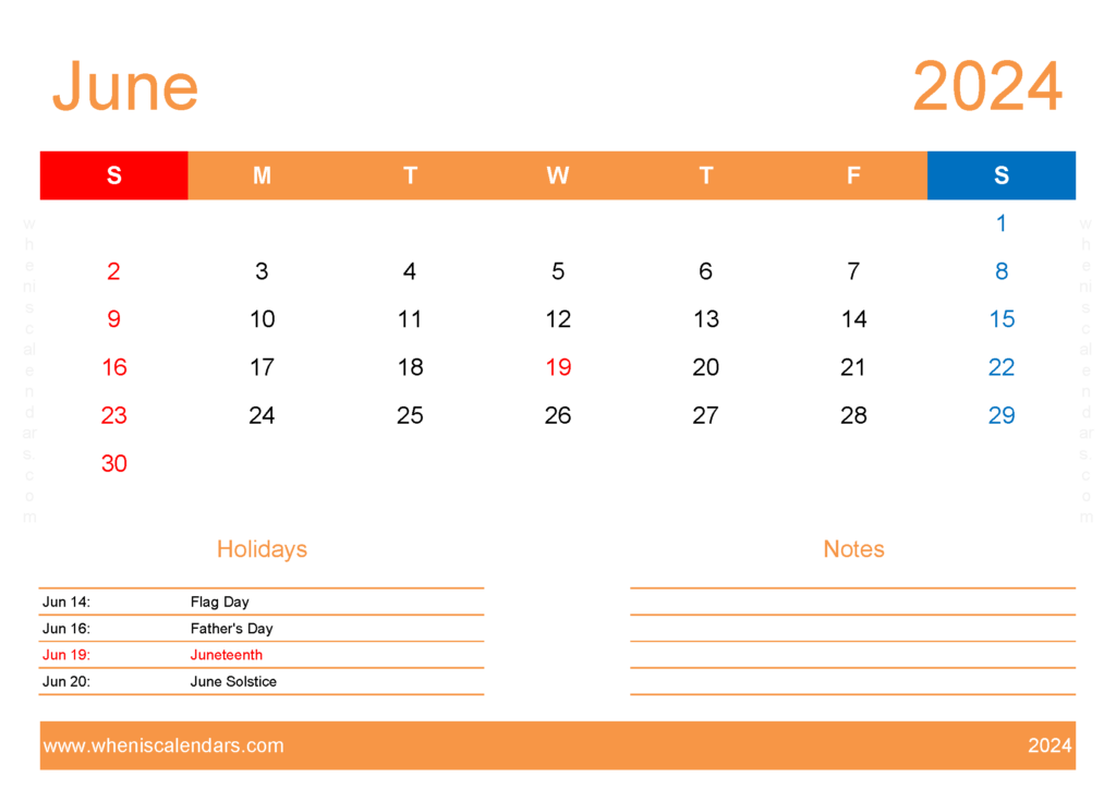 Download 2024 Printable Calendar June A4 Horizontal 64135