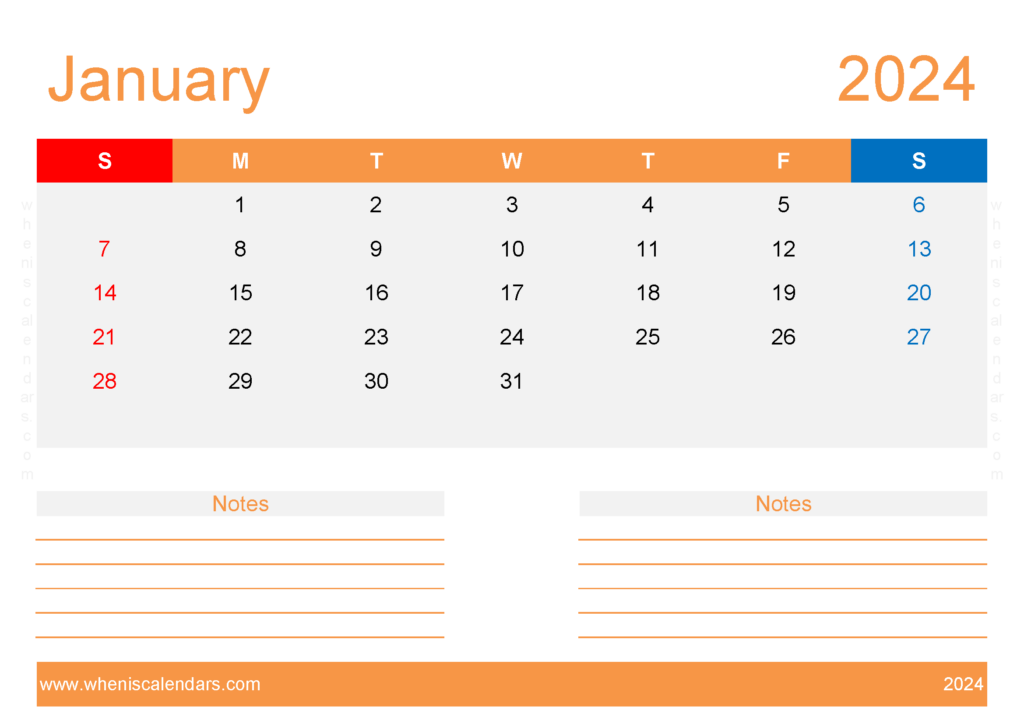 Download January 2024 Calendar with week numbers A4 Horizontal J4216
