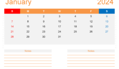 Download January 2024 Calendar with week numbers A4 Horizontal J4216