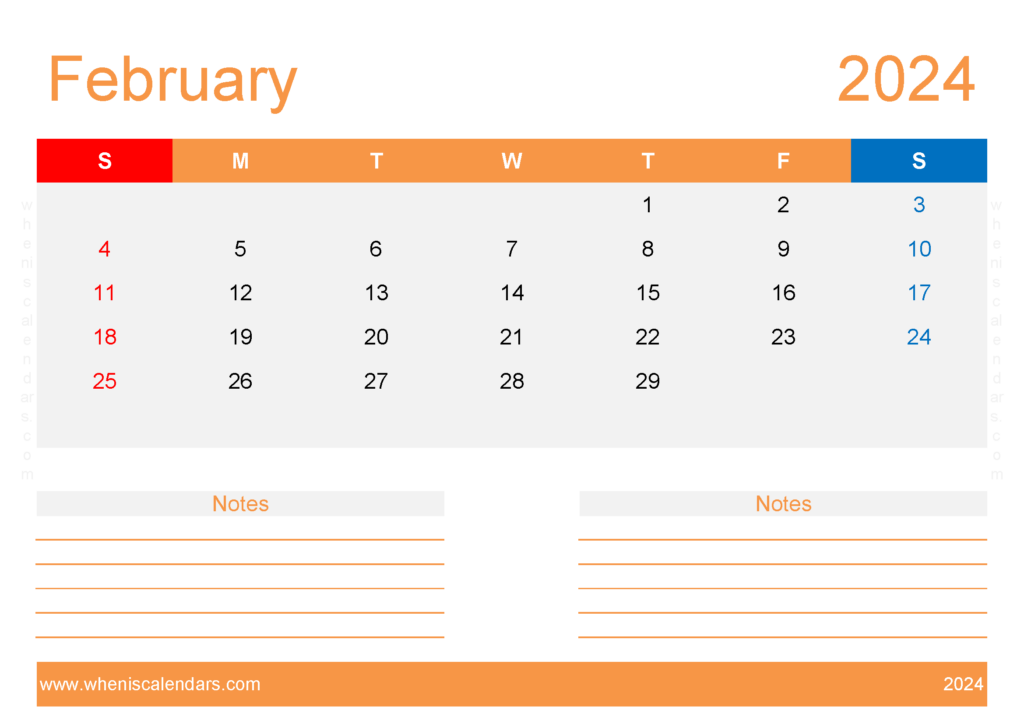 Download February 2024 Calendar with week numbers A4 Horizontal 24216