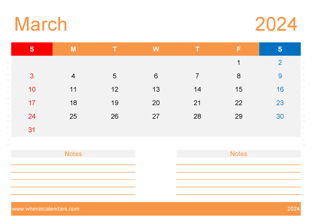 Download March 2024 Calendar with week numbers A4 Horizontal 34216