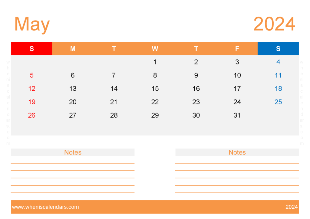 Download May 2024 Calendar with week numbers A4 Horizontal 54216