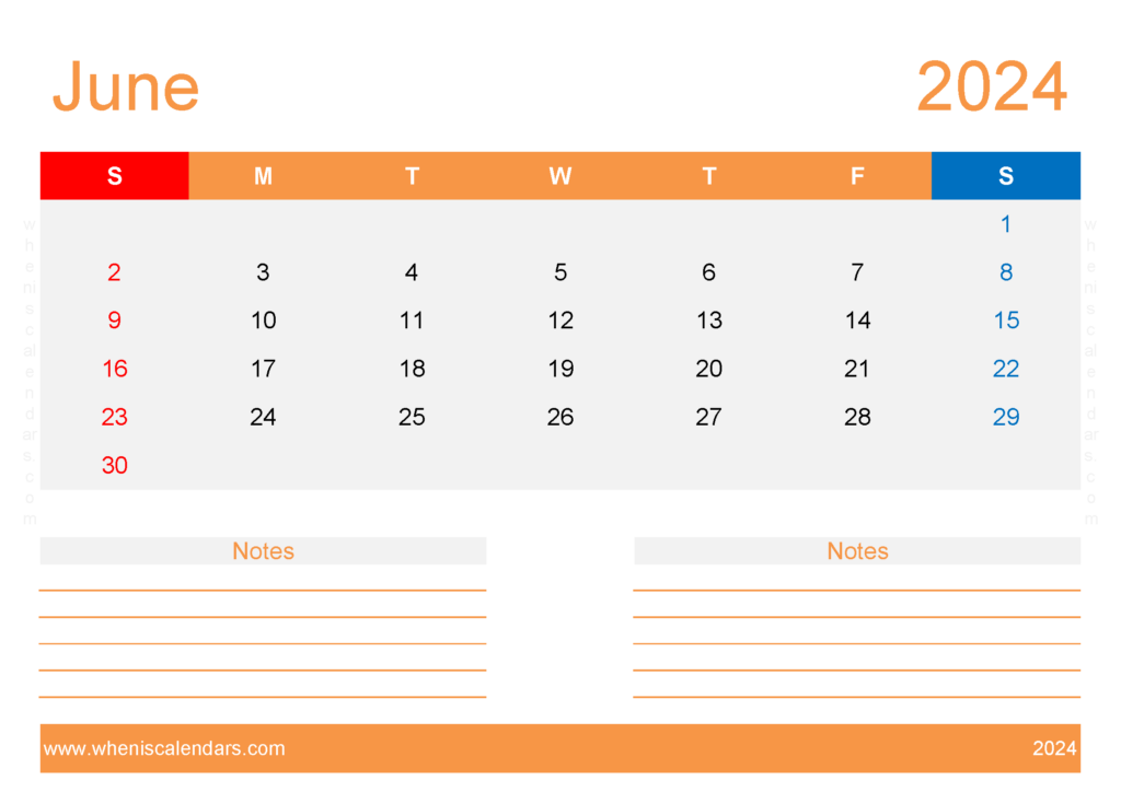 Download June 2024 Calendar with week numbers A4 Horizontal 64216