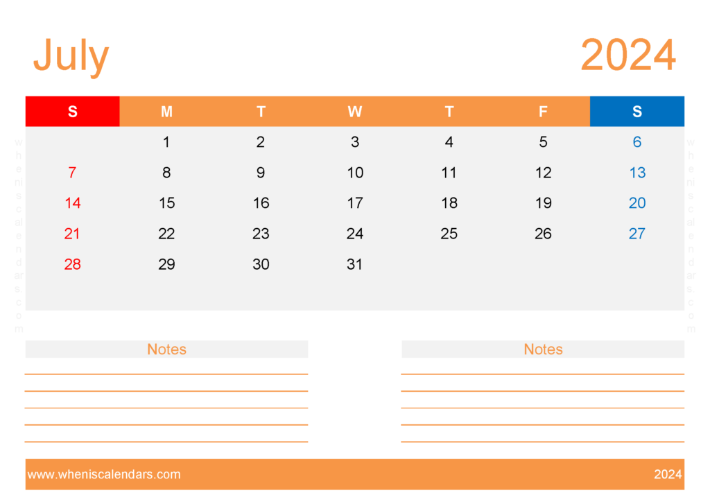 Download July 2024 Calendar with week numbers A4 Horizontal 74216