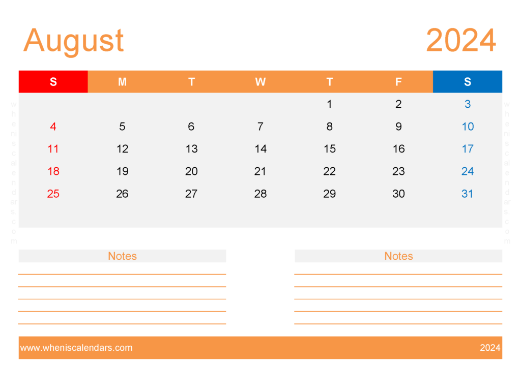 Download August 2024 Calendar with week numbers A4 Horizontal 84216