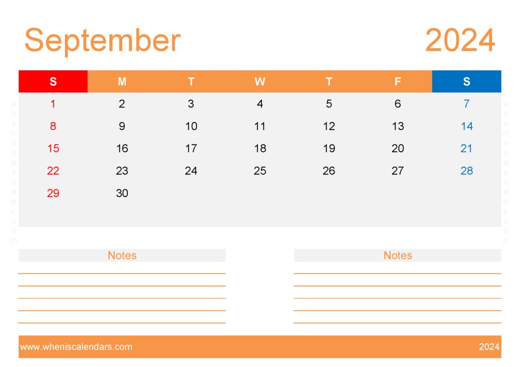 Download September 2024 Calendar with week numbers A4 Horizontal 94216