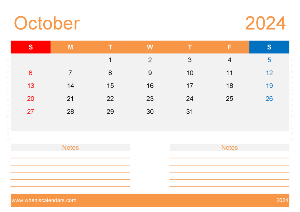 Download October 2024 Calendar with week numbers A4 Horizontal 104216