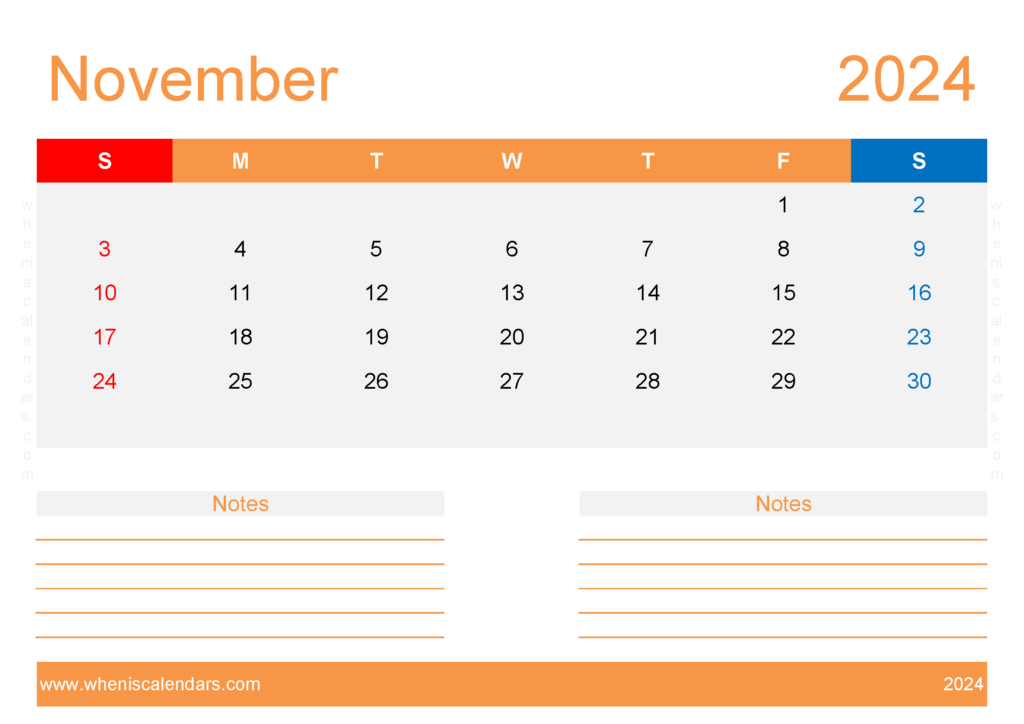 Download November 2024 Calendar with week numbers A4 Horizontal 114216