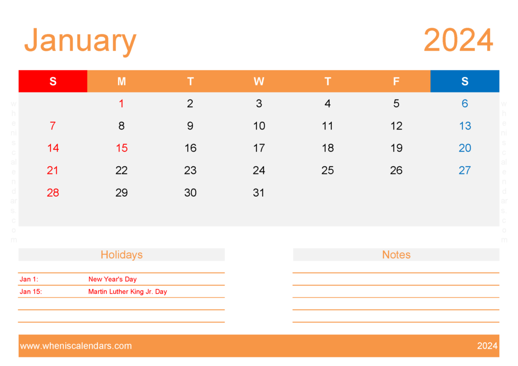 Download empty Calendar January 2024 A4 Horizontal J4136