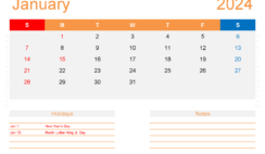 Download empty Calendar January 2024 A4 Horizontal J4136