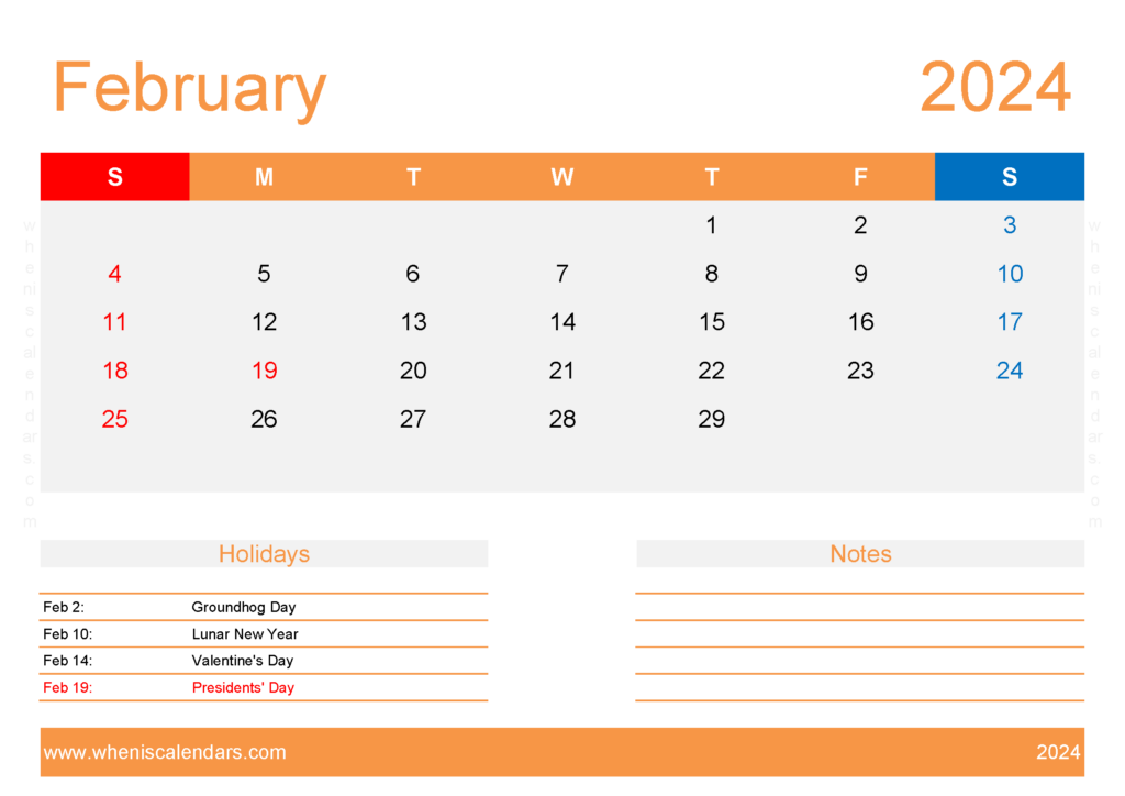 Download empty Calendar February 2024 A4 Horizontal 24136