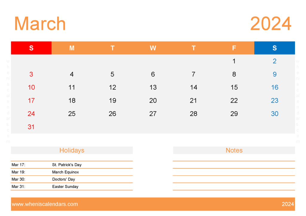 Download empty Calendar March 2024 A4 Horizontal 34136
