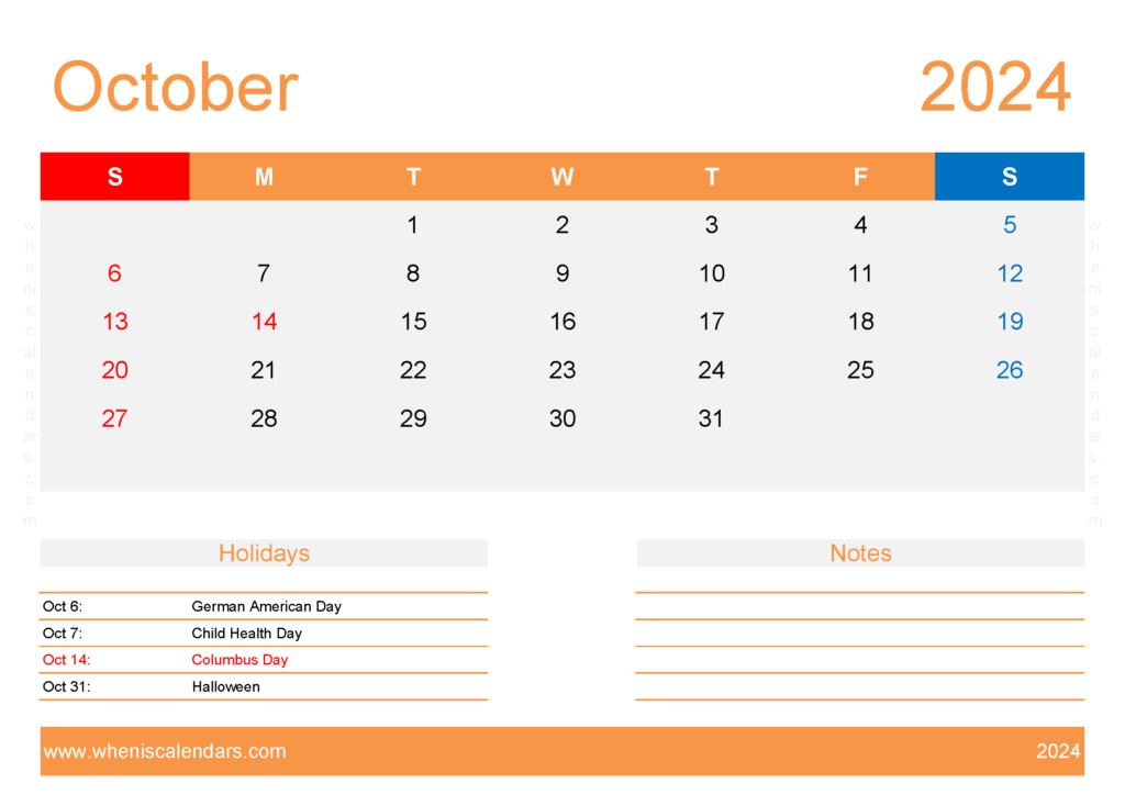 Download empty Calendar October 2024 A4 Horizontal 104136