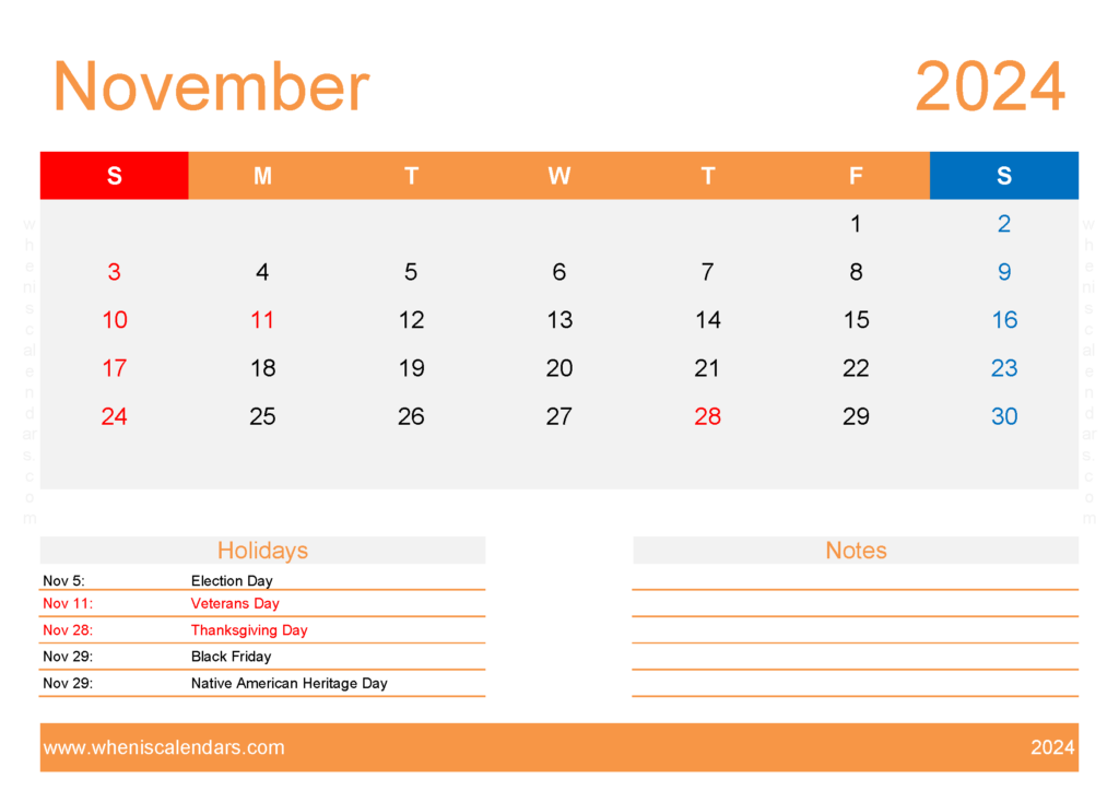 Download empty Calendar November 2024 A4 Horizontal 114136
