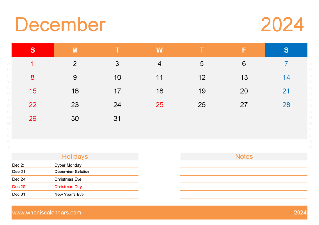 Download empty Calendar December 2024 A4 Horizontal 124136