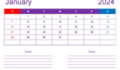 Download Blank Calendar Printable January 2024 A4 Horizontal J4217