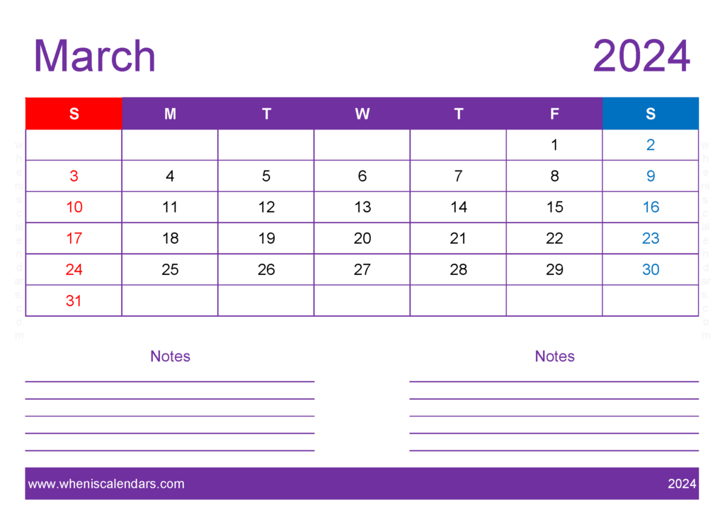 Download Blank Calendar Printable March 2024 A4 Horizontal 34217