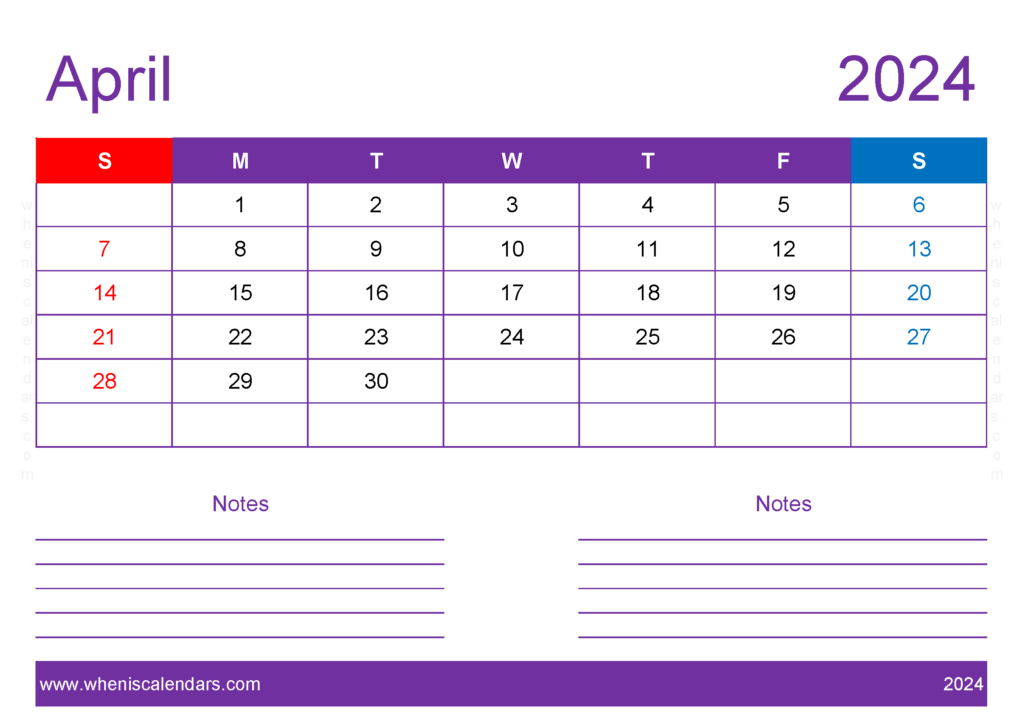 Download Blank Calendar Printable April 2024 A4 Horizontal 44217