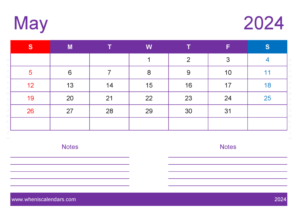 Download Blank Calendar Printable May 2024 A4 Horizontal 54217