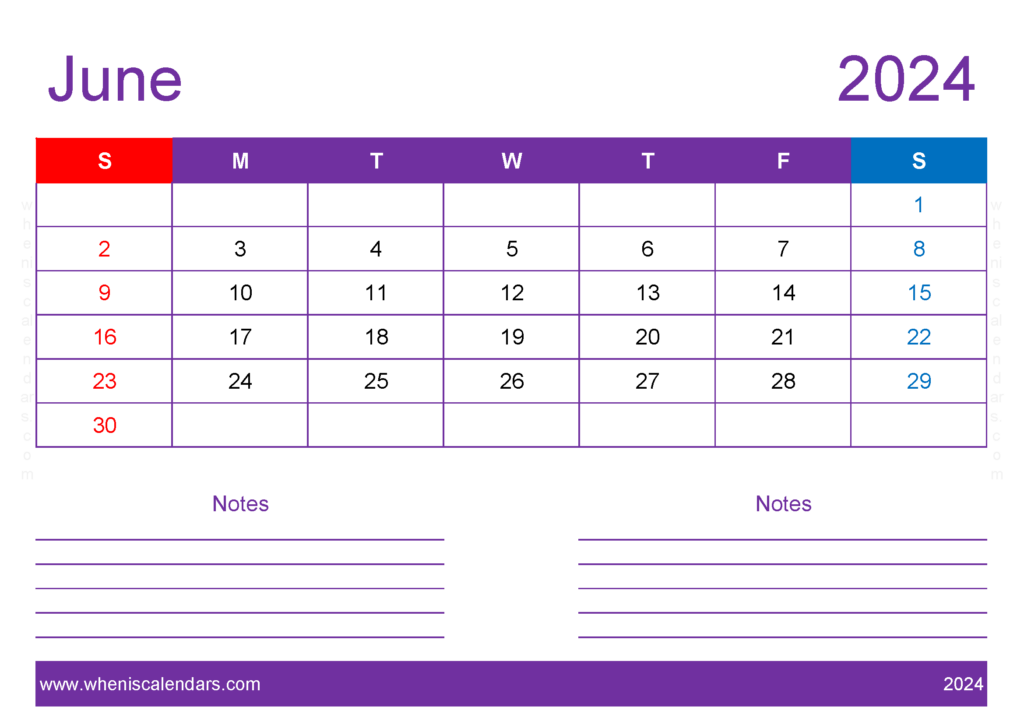 Download Blank Calendar Printable June 2024 A4 Horizontal 64217