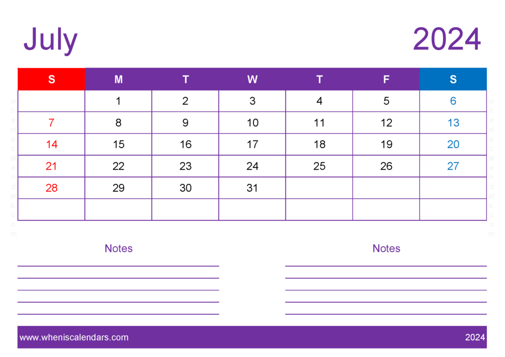 Download Blank Calendar Printable July 2024 A4 Horizontal 74217
