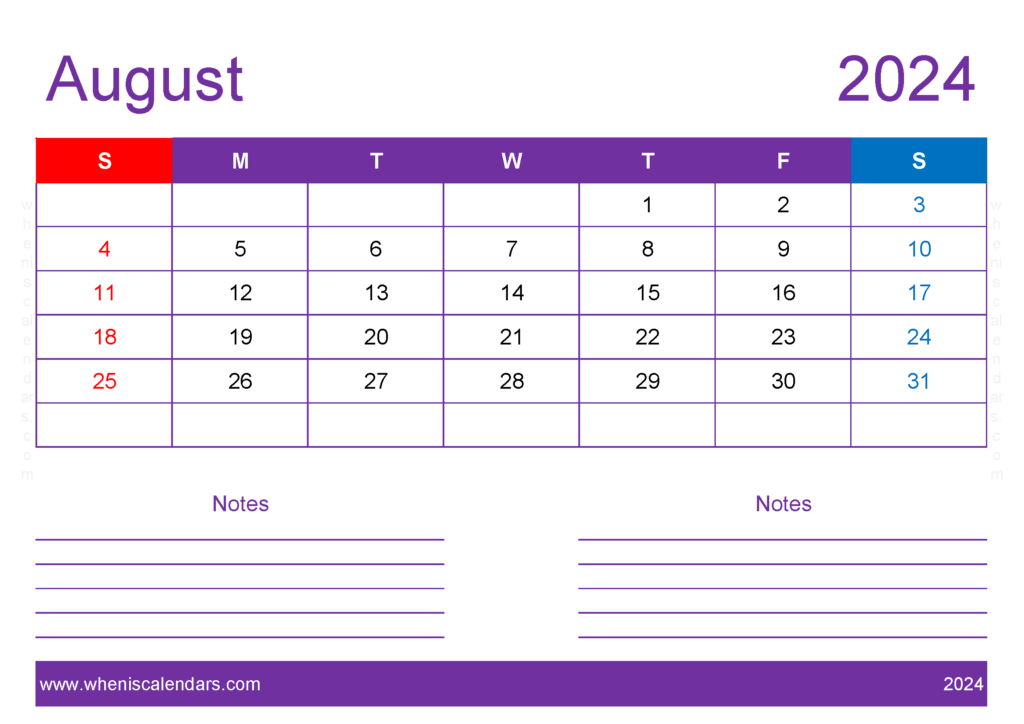 Download Blank Calendar Printable August 2024 A4 Horizontal 84217