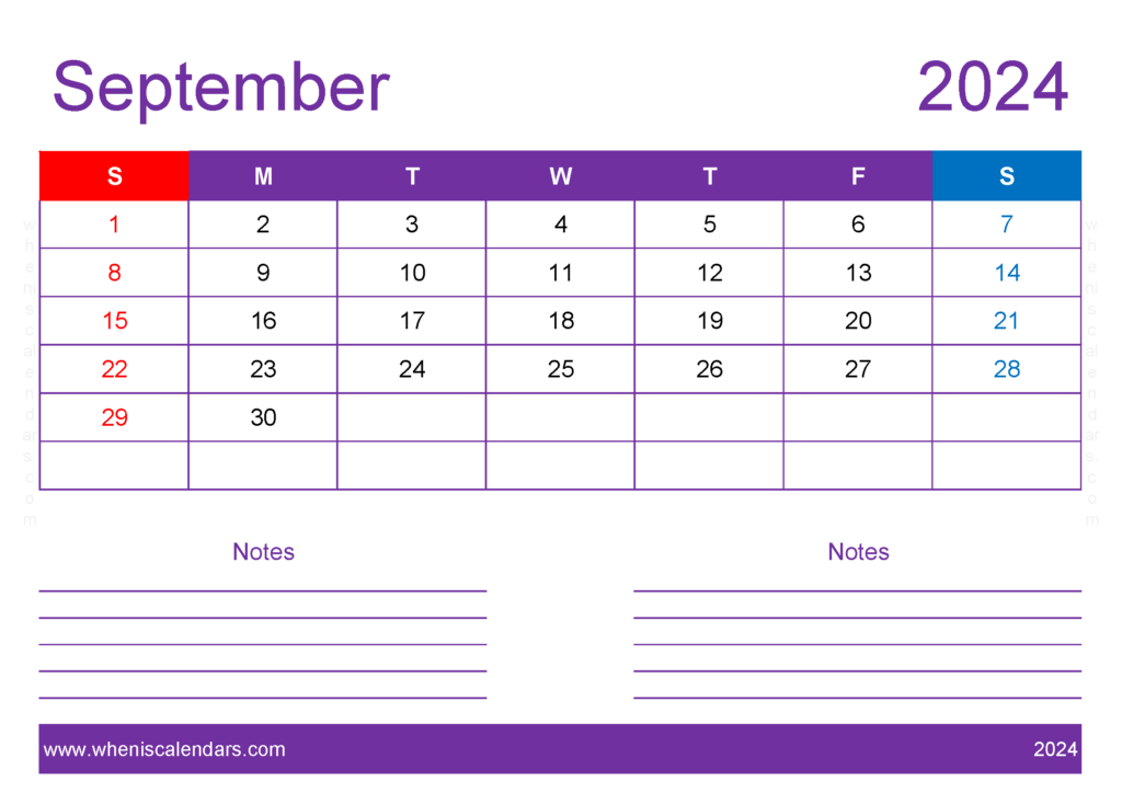 Download Blank Calendar Printable September 2024 A4 Horizontal 94217